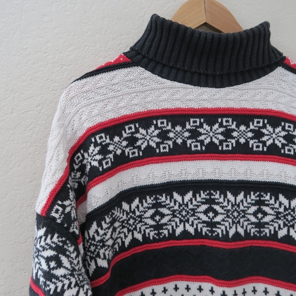 Retro Striped Snowflake Knit‎ Sweater Fair Isle Turtle Neck Snow Layer 80s - Picture 2 of 8